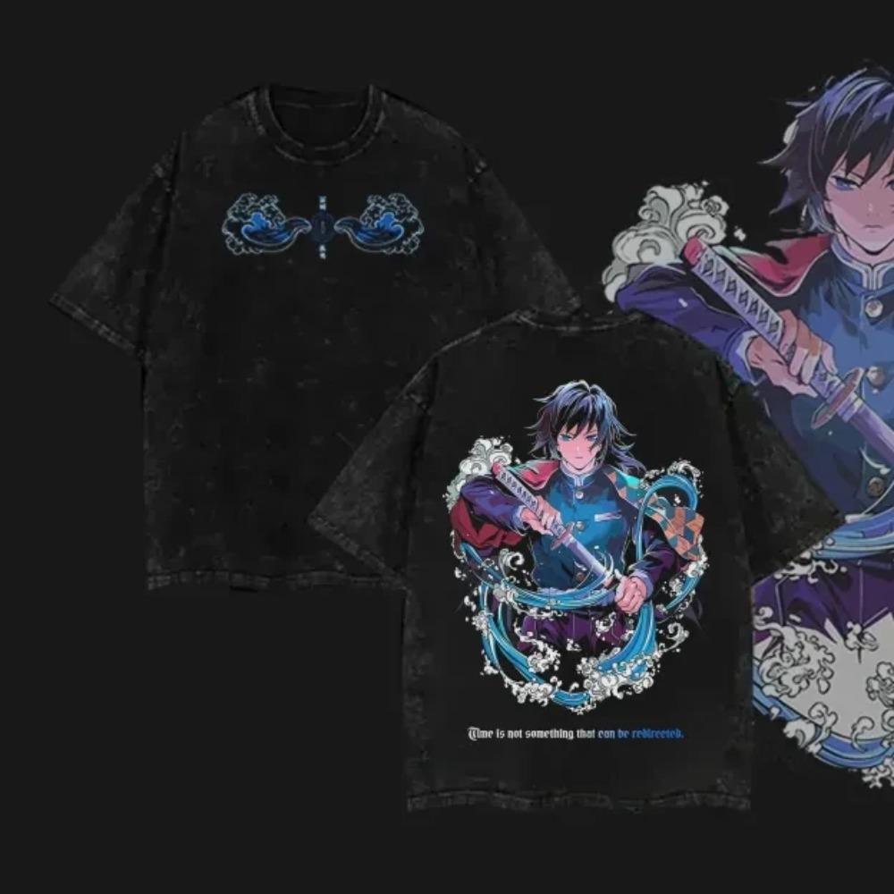 Anime Demon Slayer Iguro Obanai Graphic T-shirt Men Washed Cotton Tshirts Casual Loose T Shirt Harajuku Male