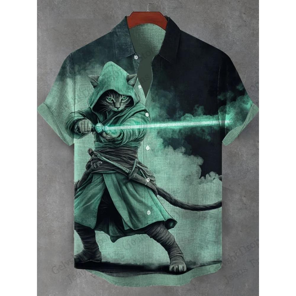 Men's Shirts Warrior Samurai Cat Print Hawaii Beach Shirt For Men 3d Print Hawaiian Shirt Women Fashion Short Sleeve Blouse New
