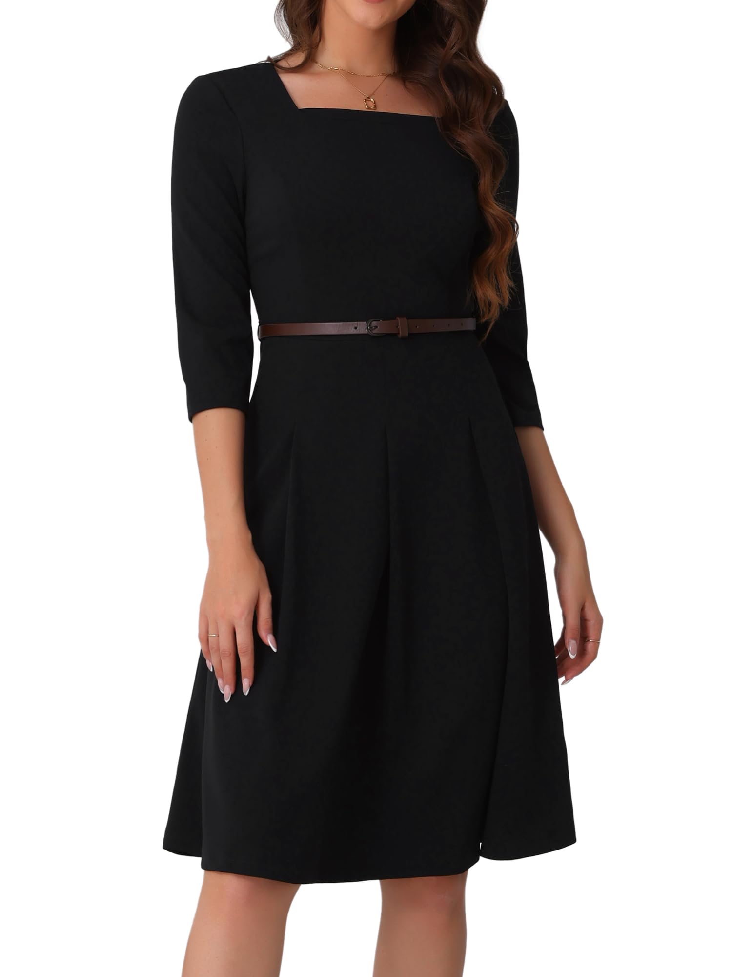 

Allegra K Women s Elegant Square Neck 3/4 Sleeve Belted Pleated A-Line Church Midi Dress, Black, Size M
