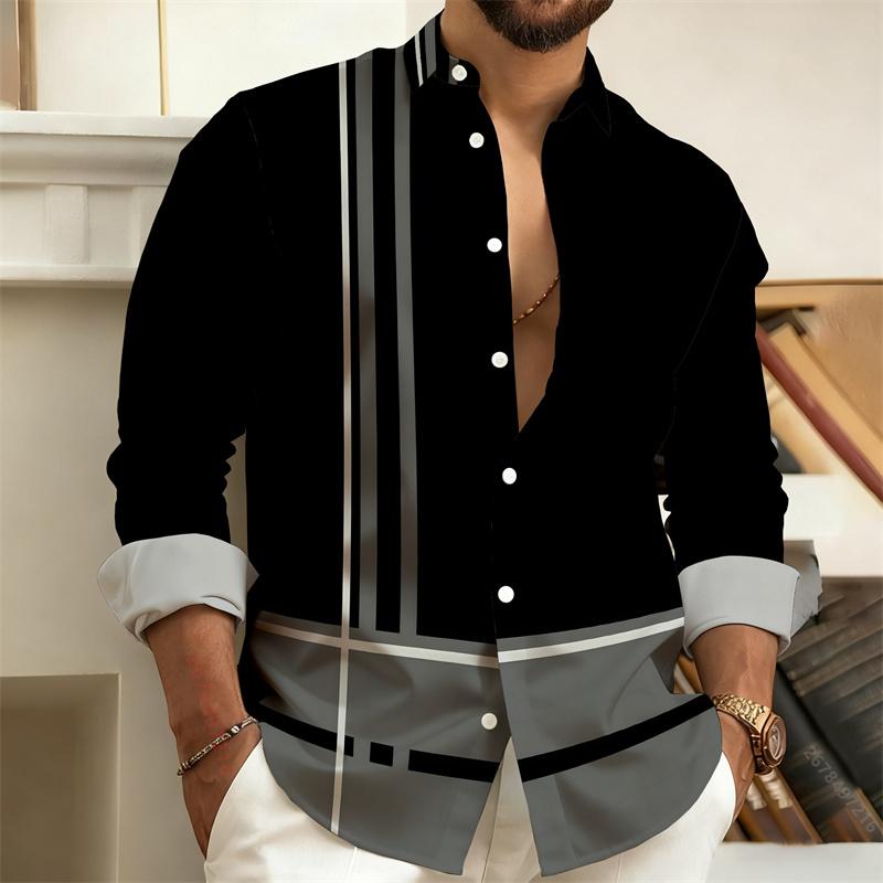 Men's Color-Block Geometric Stripe Long-Sleeve Shirt, Business Casual Dress Shirt, Slim-Fit Men's Fashion Top,