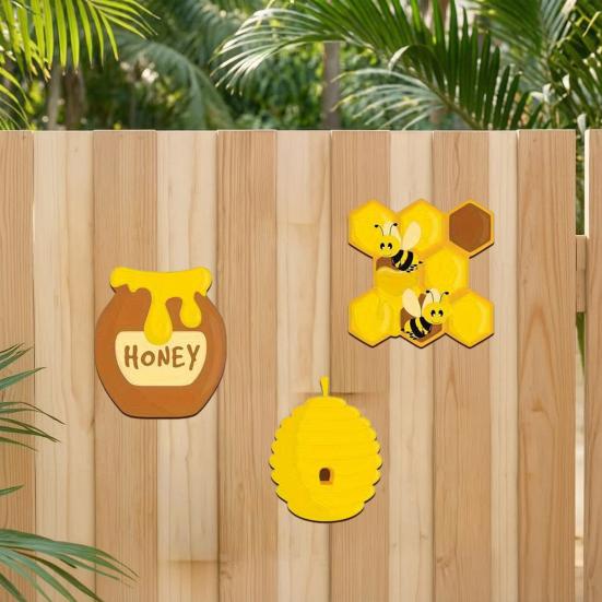 Yousheng 3 Pcs Rustic Wooden Bee Wall Art, Vintage Yellow Beehive Honeycomb Jar Wall Hanging Decor for Farmhouse, Wall, Patio, Fence, Indoor, Outdoor