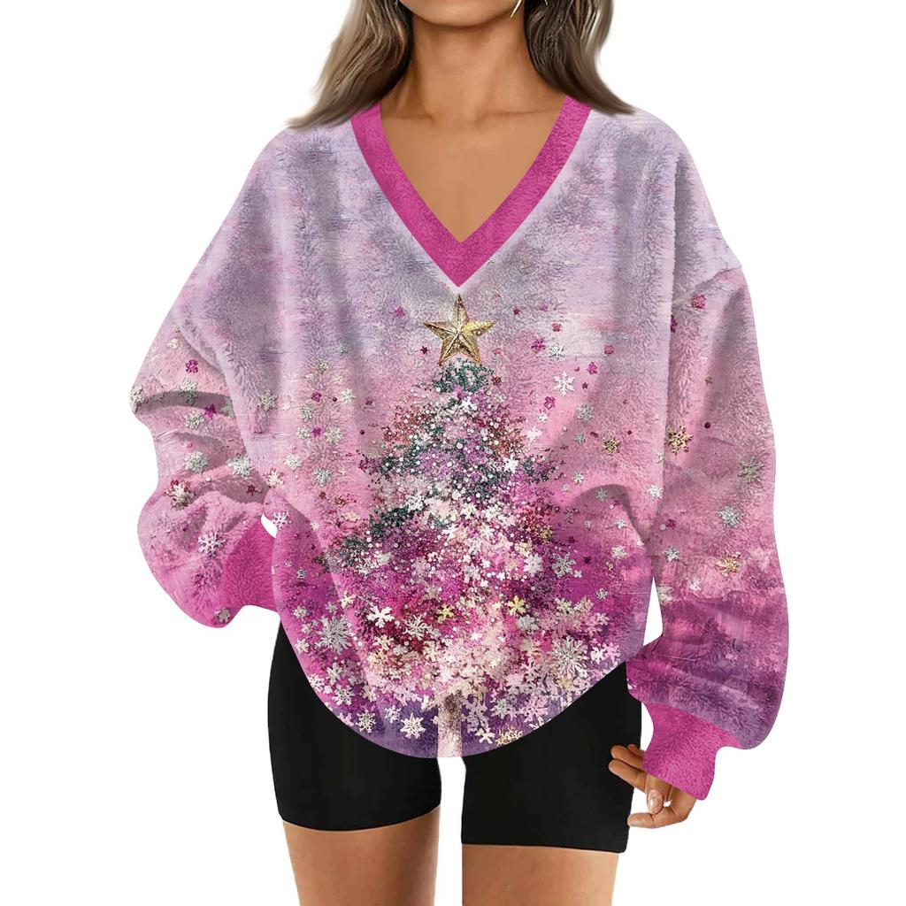 Women's Fashionable V-neck Christmas Printed Long Sleeved Casual Pullover Plush Warm Sweatshirt Top