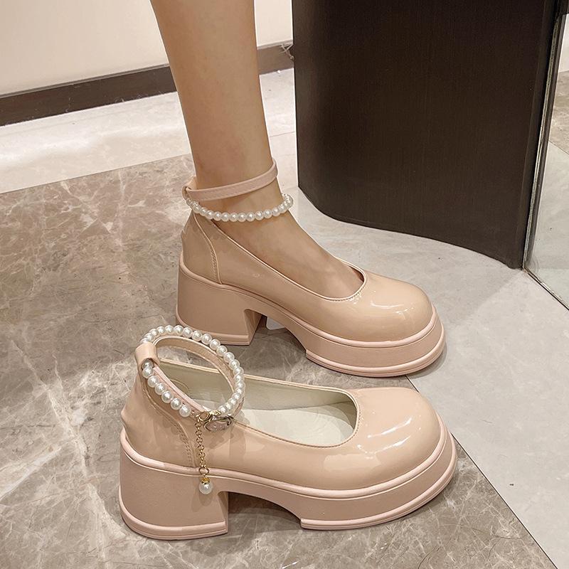 French high-heeled Mary Jane single shoes women's summer new thick-heeled round head with skirt temperament small leather shoes