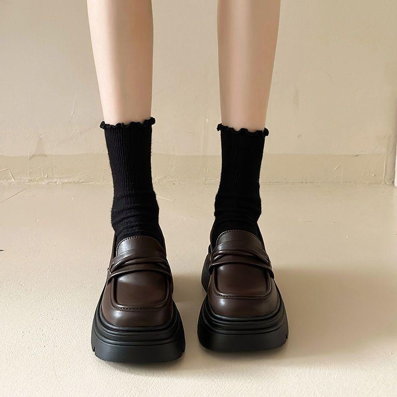 British Style Small Leather Shoes Women's 2025 New Autumn and Winter Muffin Platform Sole One Pedal Women's Shoes Black Loafers Single Shoes