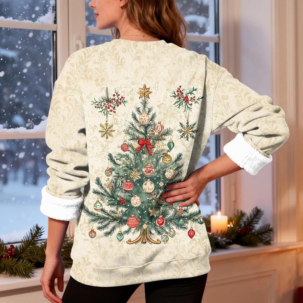 Women's Fashion Casual Long Sleeve Christmas Printed Round Neck Top Sweatshirt