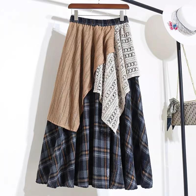 DIMANAF 2025 Herbst Frühling Damen Neue Röcke Kariert Locker Elastischer Bund Plissiert Elegant Lange Röcke