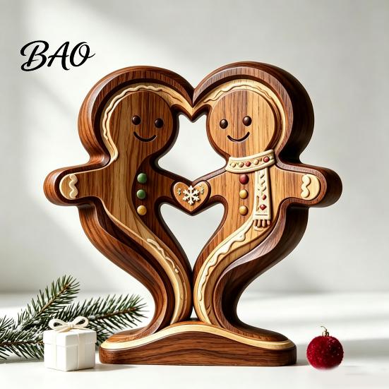 Hand Polished Wood Decor Wooden Animal Ornament with Stable Base, Double Layer Carved Figurine, Rustic Crafts for Office Heart Shape Sculpture