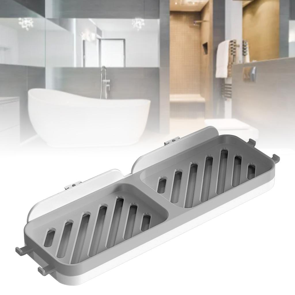 Soap Dish Tray Double Row Holder Bathroom Wall Mounted Non Punching Shower Laundry Soap Storage Drain Shelf White and