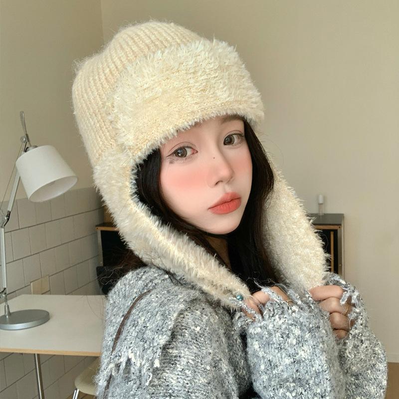 Japanese New Versatile Knitted Plush Lei Feng Hat Autumn and Winter Outdoor Leisure Windproof Warm Hat Showing Face Small Hat for Women