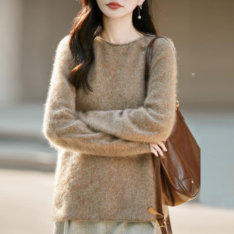 Women's Plus Size Korean Style Marled Yarn Cashmere Wool Sweater - Loose Fit, Brushed, Round Neck
