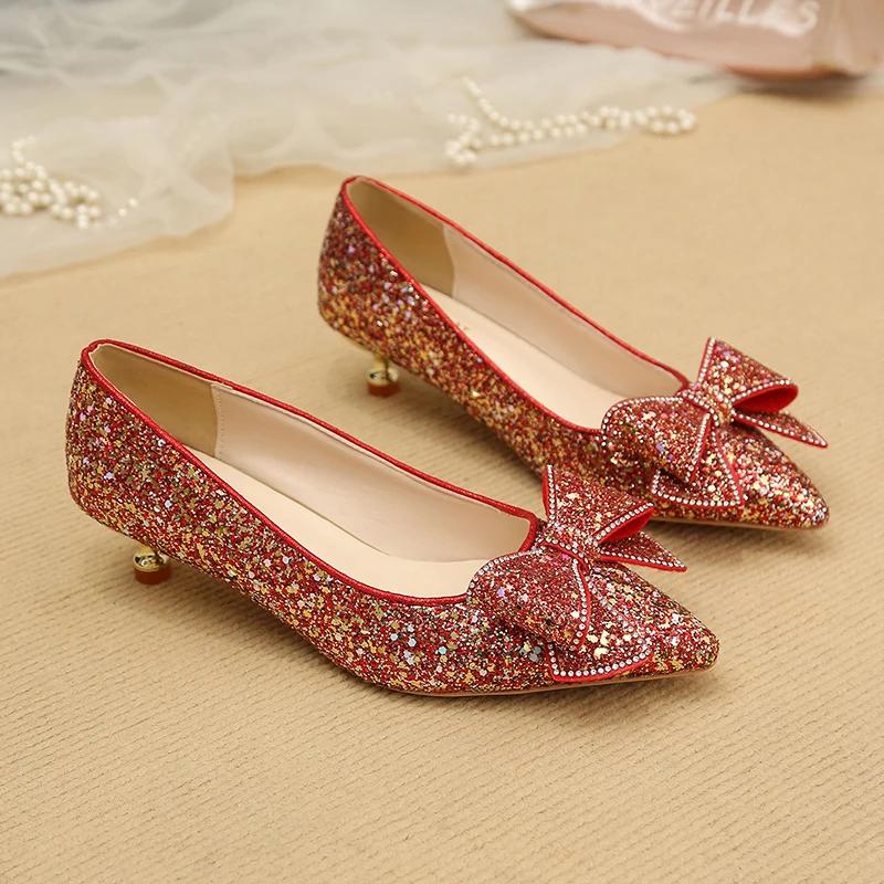 Fashion Women's Slim Heel Shoes Fall New Pointy Shallow Mouth Butterfly Knot Sequin Non-slip Temperament Low Top Shoes