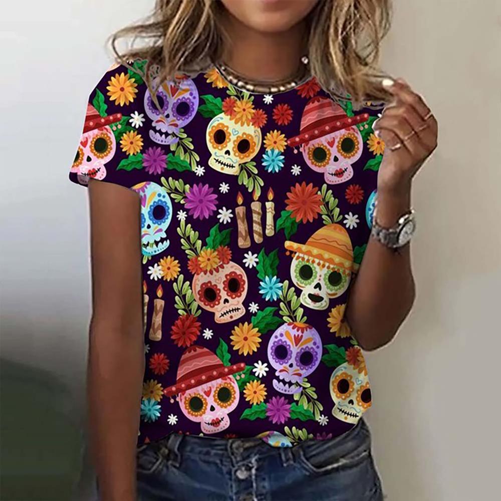 Funny Sugar Skull 3d Print Womens T Shirt Anime Cartoon Anime Mexico Summer Day of the Dead T-shirt For Men Women's Tops