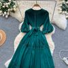 High-End Heavywork Lacing Paillette-Panel Waist-Banding Lantern Sleeve Maxi Dress for Women Autumn Charming Long Women Dress