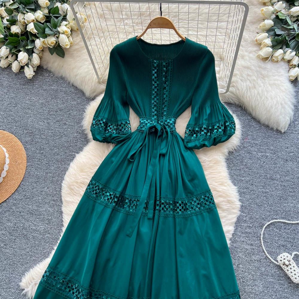 High-End Heavywork Lacing Paillette-Panel Waist-Banding Lantern Sleeve Maxi Dress for Women Autumn Charming Long Women Dress