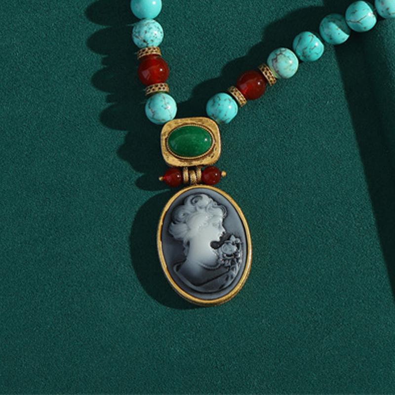 Vintage Türkis Halskette Für Frau Lange Perlenkette Ovales Cameo Kopf Anhänger Schmuck Geschenk Antik Boho Accessoires Böhmen