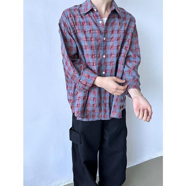 Plaid Long-Sleeved Shirt Men's Spring and Autumn New Trendy All-Match Pu Handsome Loose Casual Couple Shirt Coat