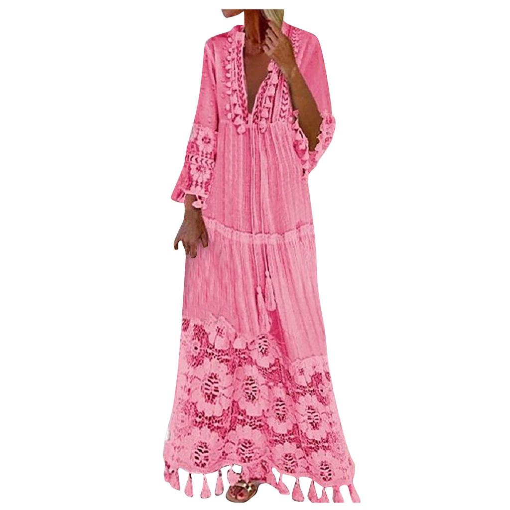 Women's Fashion Casual Long Sleeve Tassels Bohemian V-Neck Lace Plus Size Dress