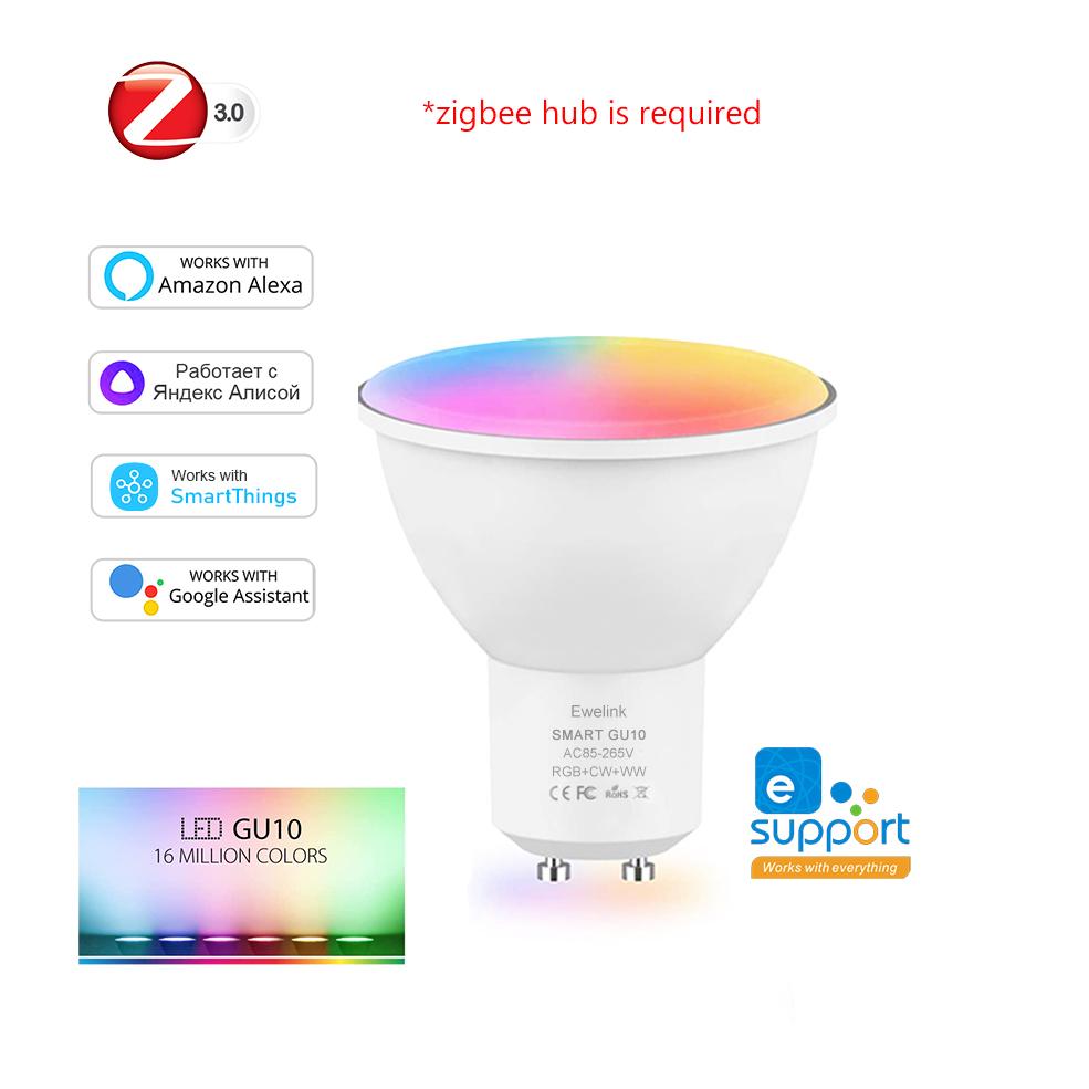 Умная светодиодная лампа ZigBee GU10 RGB C+W 5 Вт, диммируемая, управление через приложение EWelink, точечный светильник, работает с Alexa Google разноцветный