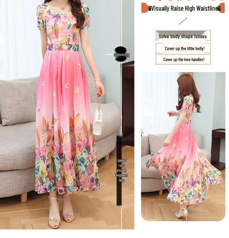 Elegantes Sommerkleid mit U-Ausschnitt, hoher Taille und A-Linie für Frauen mittleren Alters