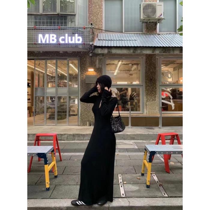 

Korean Style Yellow Slim-Fit Long-Sleeve Knit Dress - Women s Autumn Waist-Cinching, Hip-Hugging Casual Long Dress M чёрный