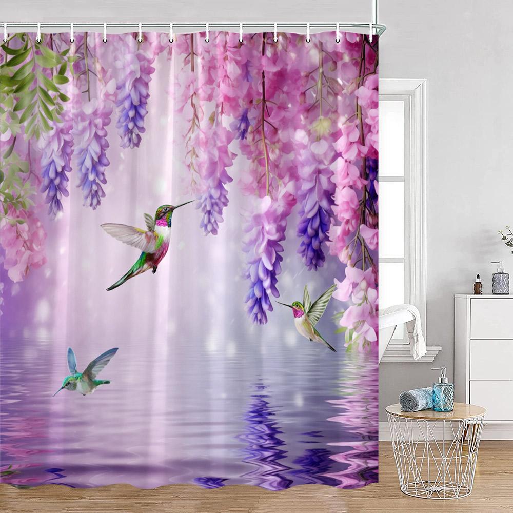 Purple Flowers Shower Curtains Wisteria Lavender Butterfly Birds Pirple Floral Bathroom Decorations Modern Elegant Bath Curtain