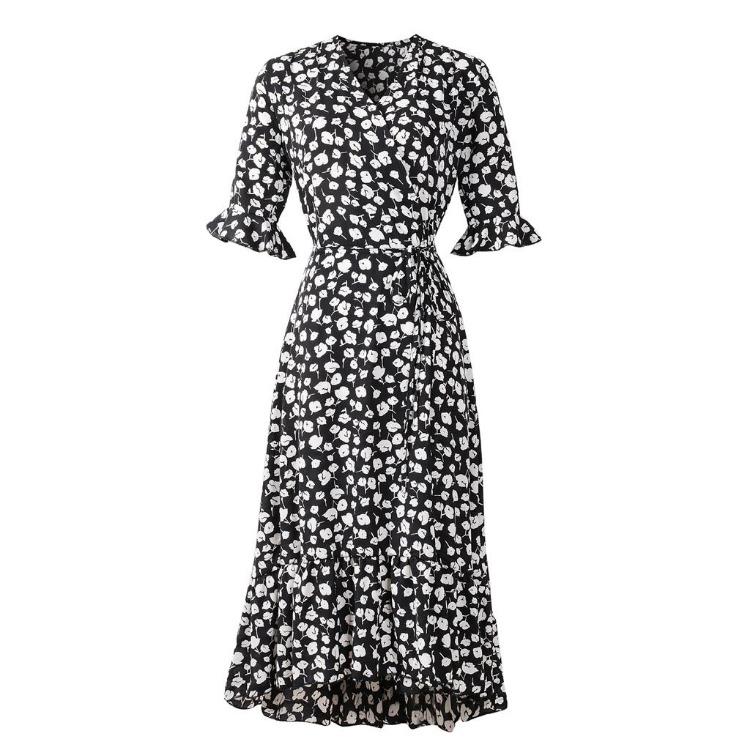 Summer Women Chiffon Wrap Dress V Neck Short Sleeve Long Print Dresses Ruffled Hem Sizes S XXL