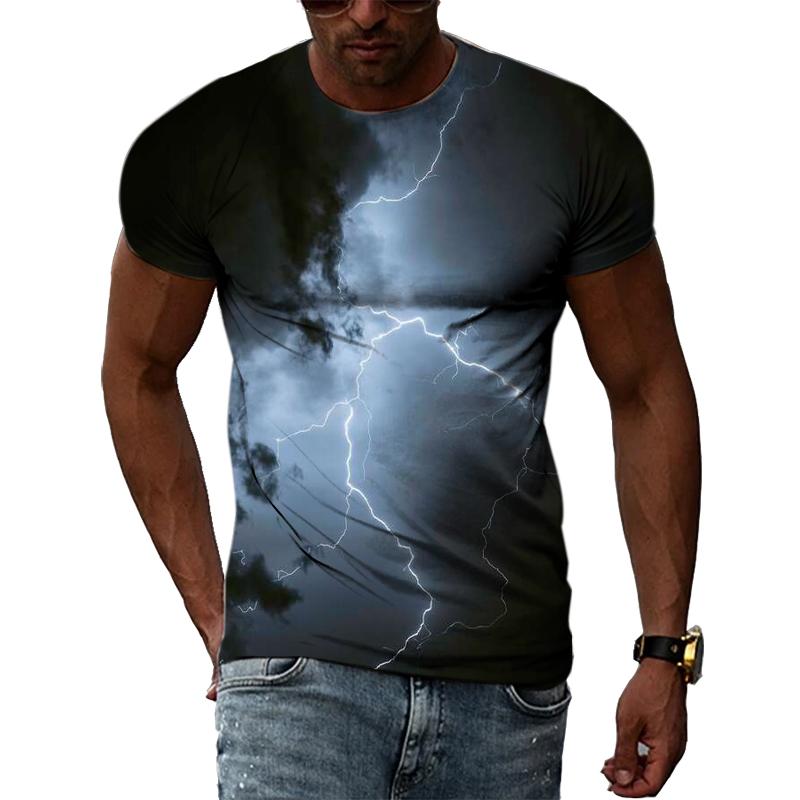 Sommer Naturlandskap Lyn Grafiske T-skjorter Menn 3D Mote Casual Personlighet Trykk T-skjorter Hip Hop Harajuku O-hals Topper
