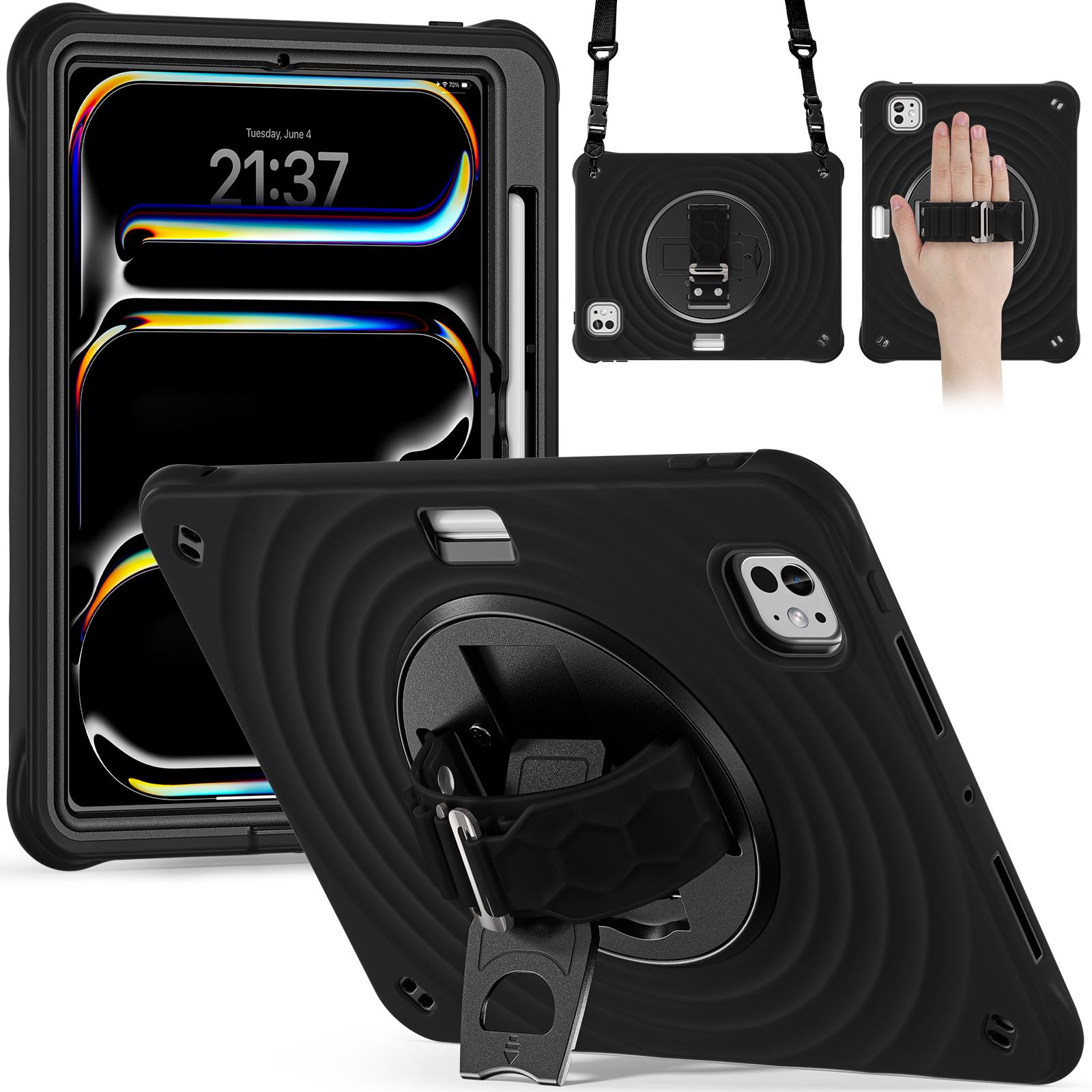 

For iPad Pro 11 (2024) Case Kickstand Silicone Hand Strap Tablet Cover with Shoulder Strap Black