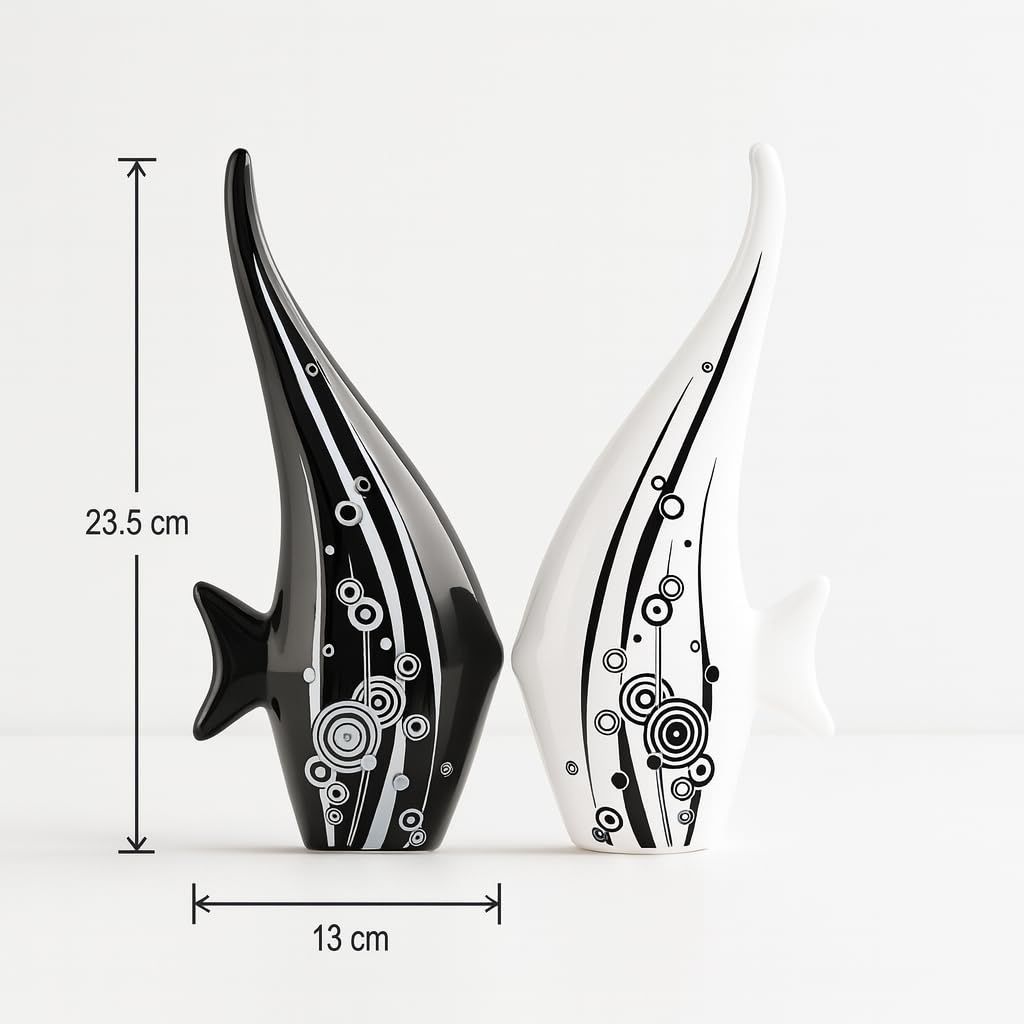 Modern Minimalist Black and White Bubble Fish Art Figure | Beautiful Home Decor- (Set of 2 Pc), Ceramic