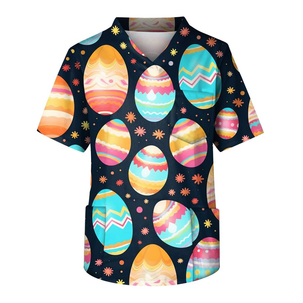 Men's Short Sleeve V-Neck Easter Egg Print Chest Pocket Care Top