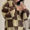 Checkerboard sweater vintage style, color-blocking, loose crew neck pullover sweater for women, autumn and winter high-end fashion