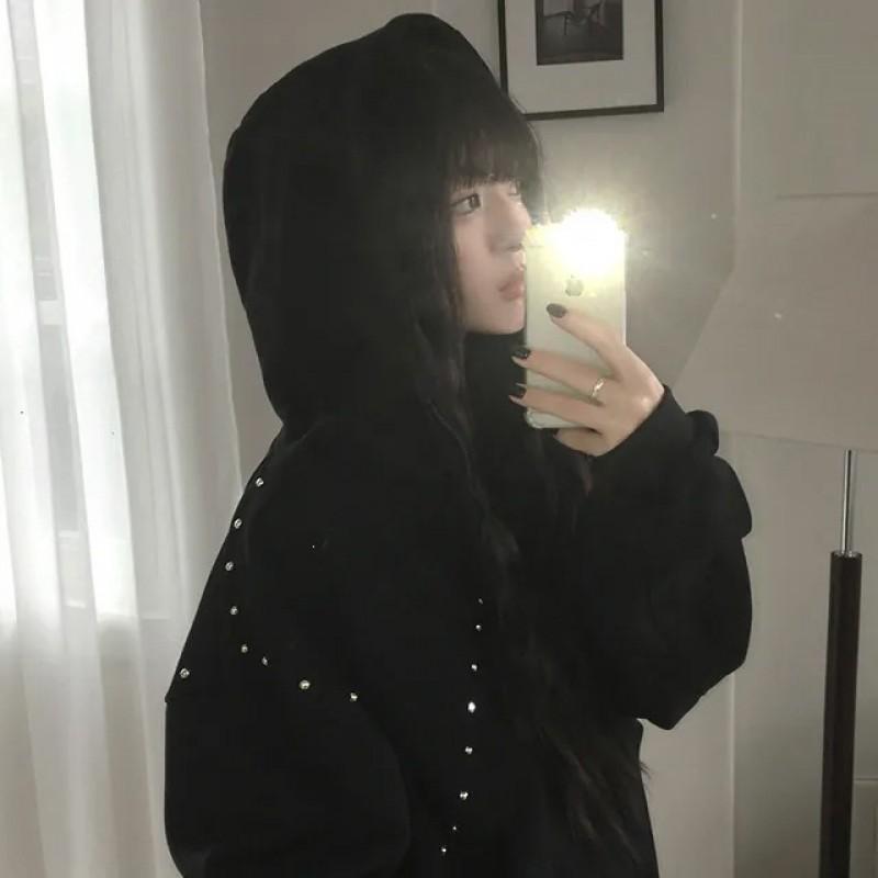 Womens Oversized Hooded Zip-Up Sweatshirt With Rivet Detail Fall Winter 2026 Korean Streetwear