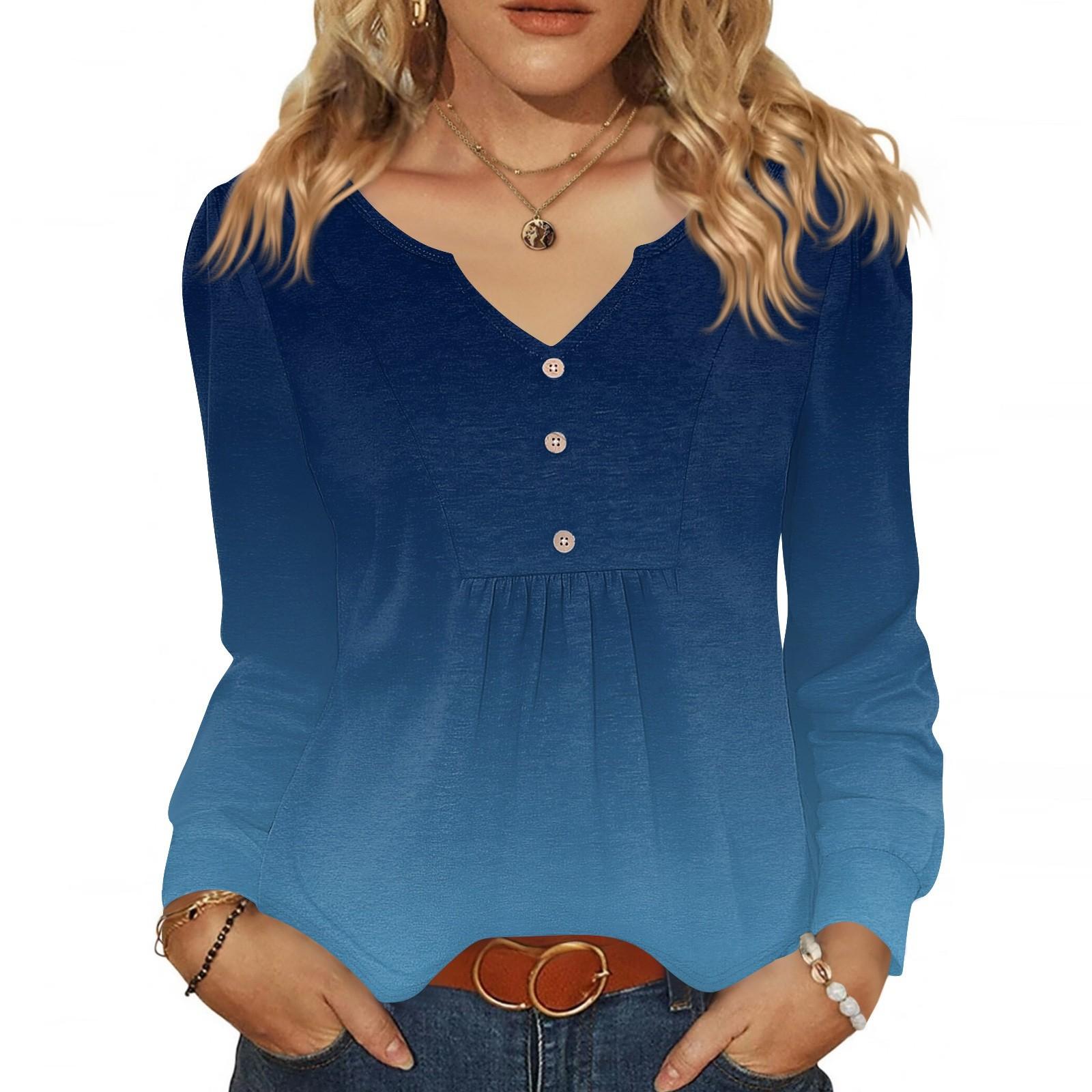 

Женская модная повседневная блузка с V-образным вырезом на пуговицах, с длинным рукавом, пуловер, футболка, топ L