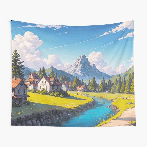 Anime Scenery Tapestry Japanese Mountain with Cherry Blossom Tapestries Sakura Village Wall Tapestry for Bedroom Aesthetic Decor