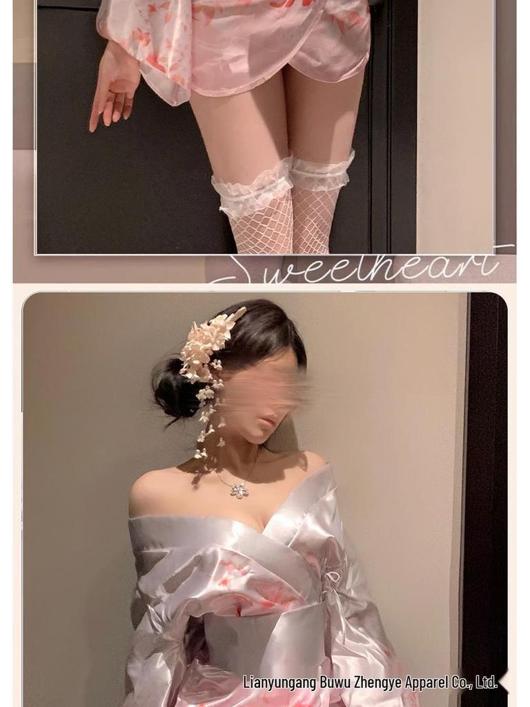 Sexy Deep V Open-Front Japanese Kimono Pajama Set for Women