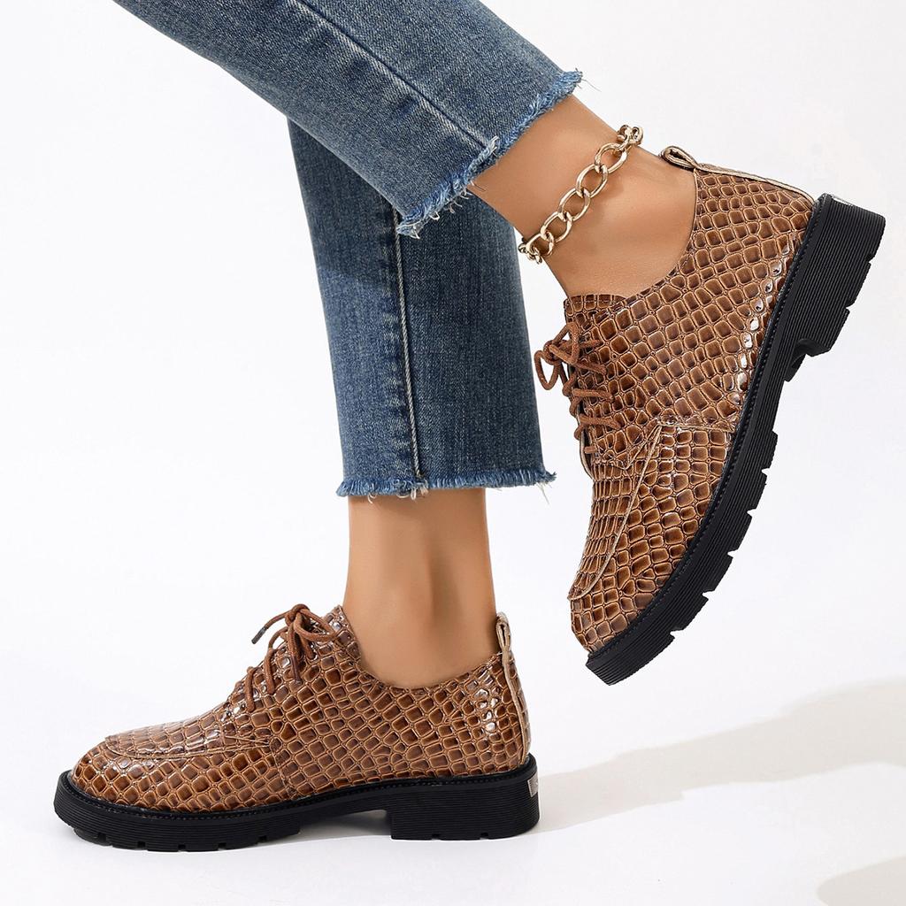 Foreign Trade Large Size Fashion Ankola Red Snake Pattern Leather Shoes Women's Casual Versatile Students Korean Version of the Trend Thick Heel Sma
