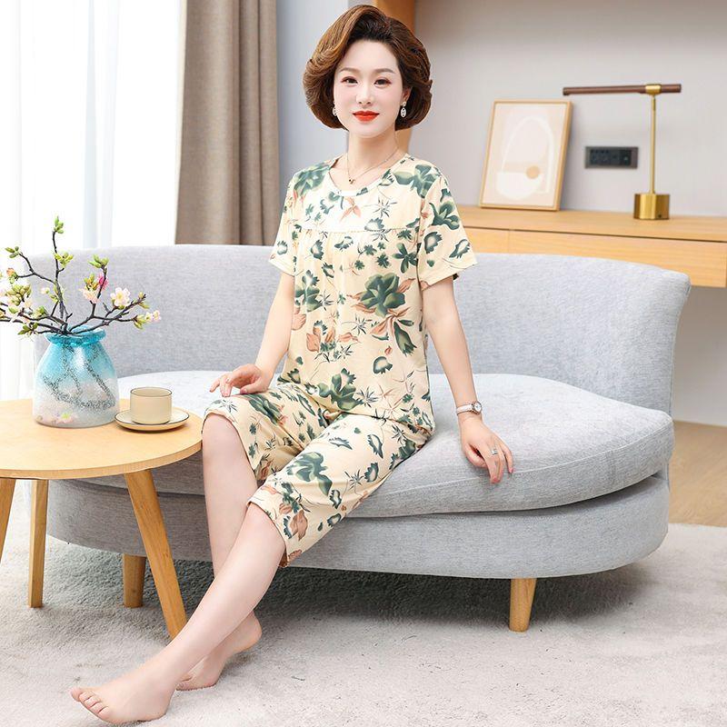 Middle Aged and Elderly Mothers Pajamas Women's Short Sleeved Home Clothing Spring and Autumn Sets Summer Oversized Loose Fitting