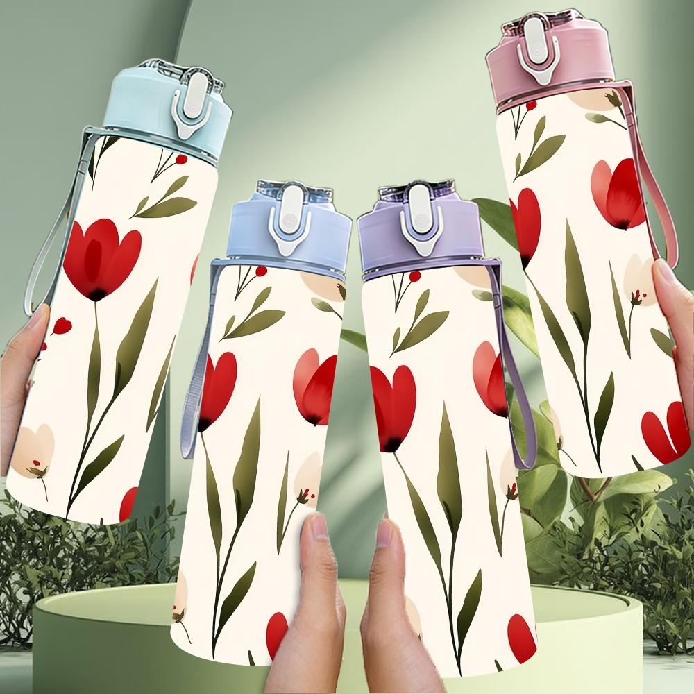 1PC Deep Red Tulip Floral Repeat Background Print 750ml Color Plastic Sports Water Bottle Leakproof Flip Straw Lid Suitable for Sports Office Home Use