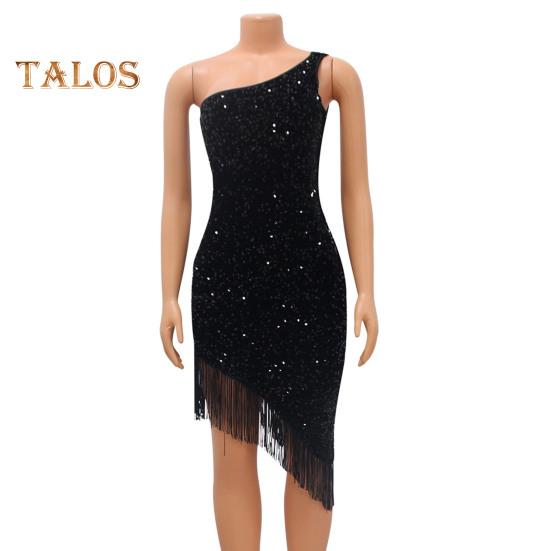 Women Evening Dress Slant Tassel Hem Sequin One Sloping Shoulder Sleeveless Bodycon Party Wedding Cocktail Clubwear Midi Dress