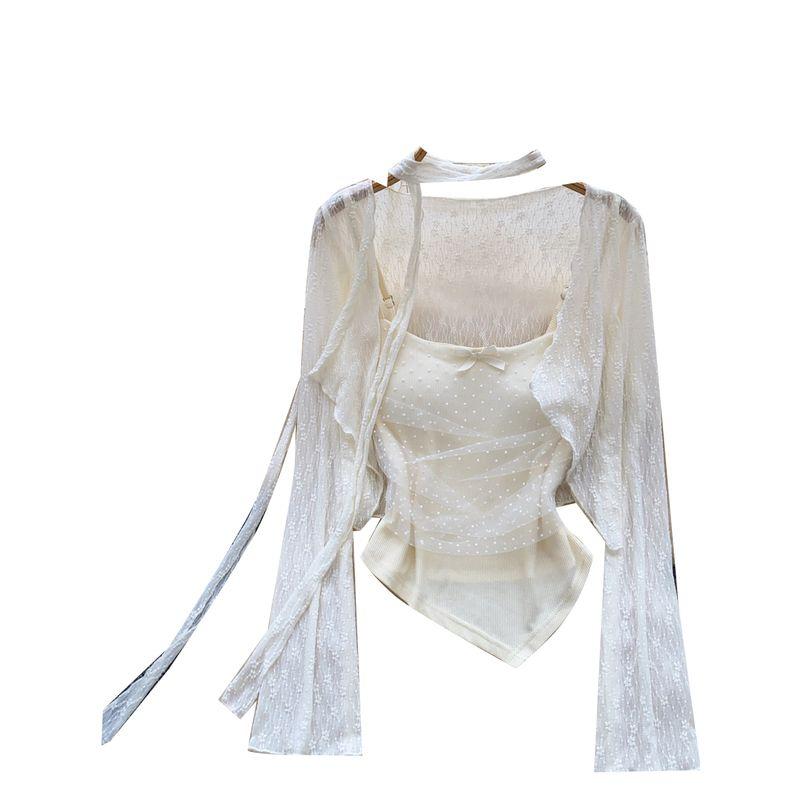 Atmosphere Sense Fairy Top 2025 New Design Sense Irregular Mesh Patchwork Cami + Long sleeve Outerwear