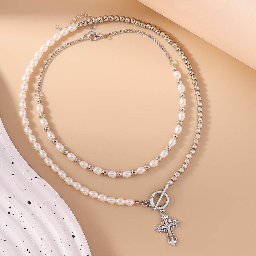 2pcs Elegant Crystal Cross Pendant Necklace for Women Pearl CCB Beads Choker Necklace Party Jewelry Gifts