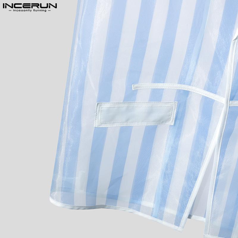 INCERUN Men Lapel Sleeveless Buttons Striped Transparent Mesh Sheer Waistcoats