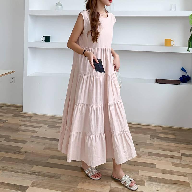 Patchwork Solid Color Long Skirt Sleeveless Commuter Crew Neck Dress