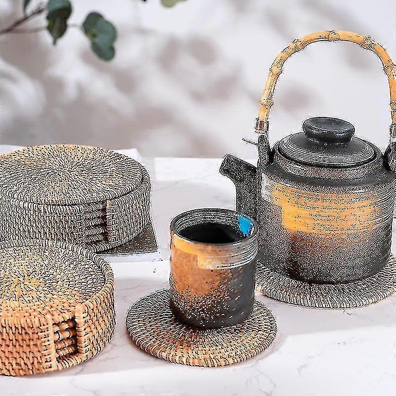 Rattan Coaster With Stand Storage Box Handmade Tea Cup Round Edge Coaster Suitable For