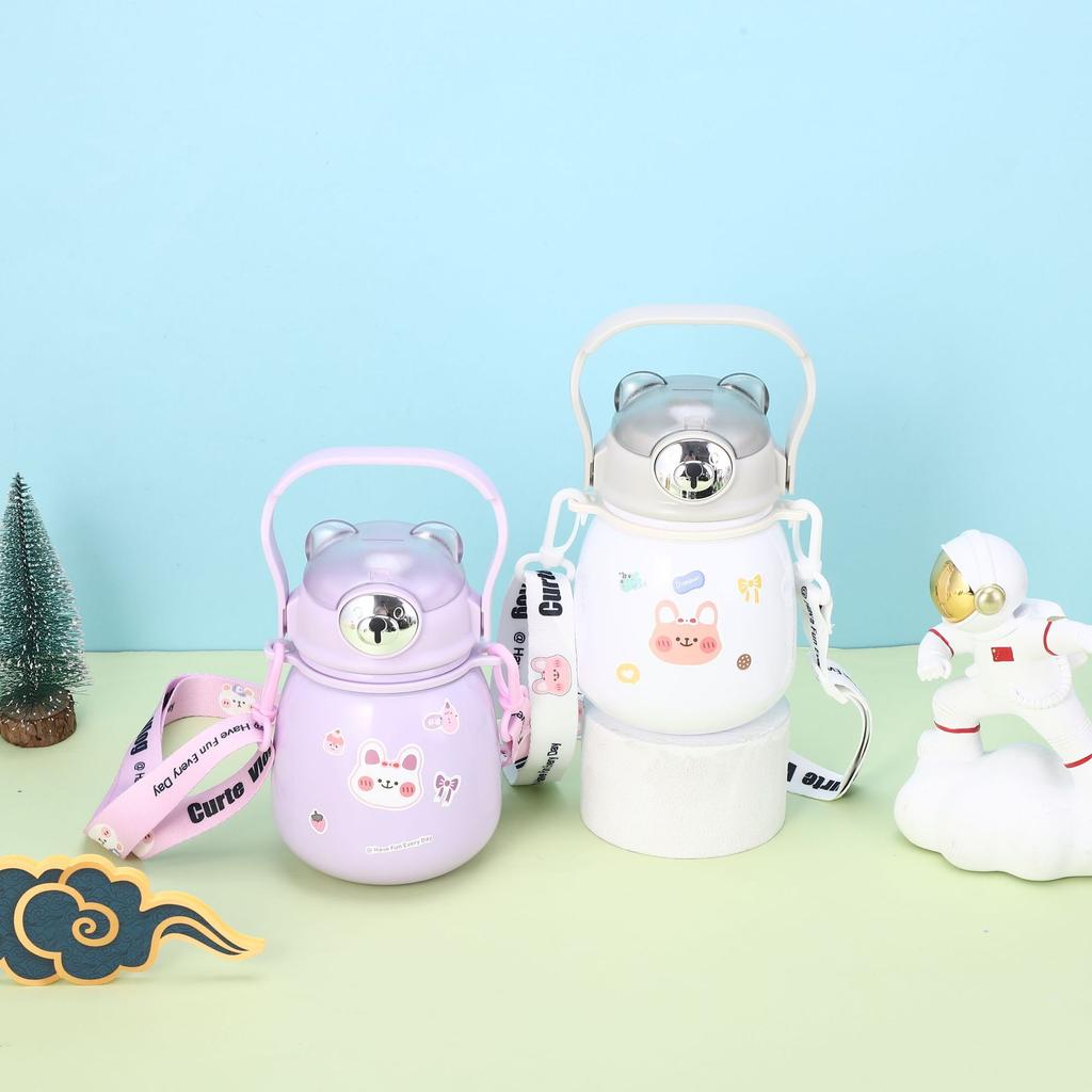 316 Stainless Steel Children's Thermos Cup Portable Strap Portable Straw Cup Pot for Boys and Girls.