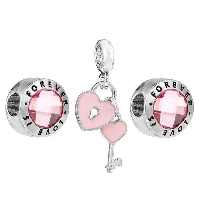 3pcs /Lot Pink Love Heart Beads Enamel Mom Pendant Fit Diy Brand Charm Bracelets Necklaces For Women Mother Jewelry Making