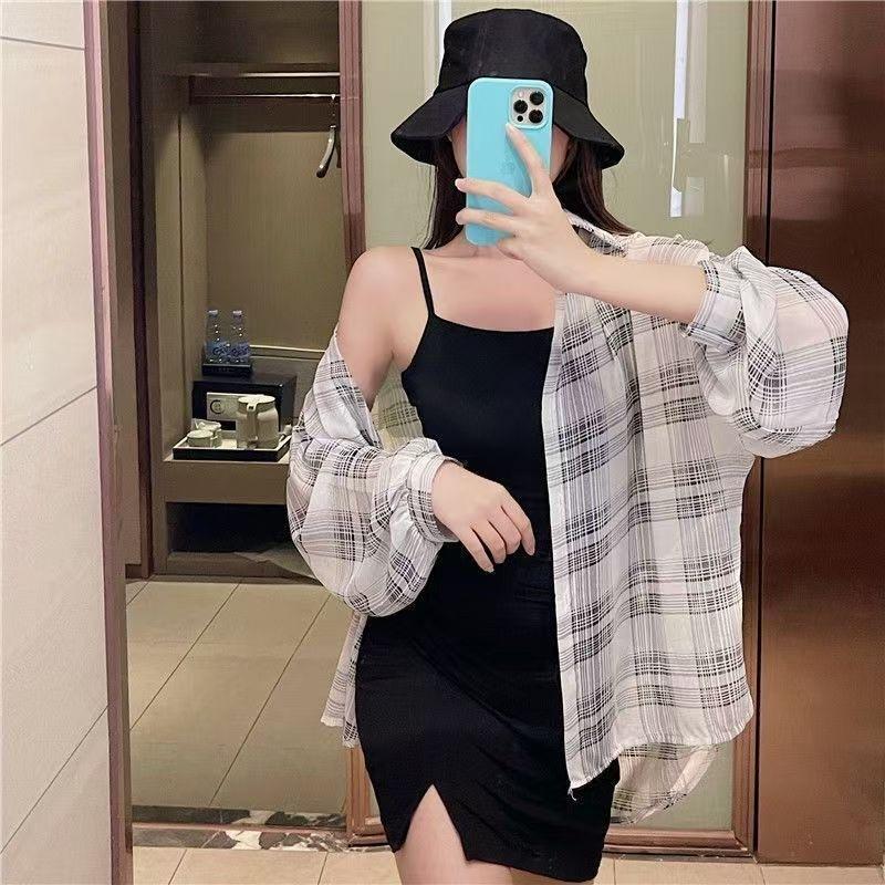 Summer Women's Plaid Ice Silk Shirt Thin Outerwear Cover Up Sun Protection Top Long Sleeve Mid Length Other Material 100%