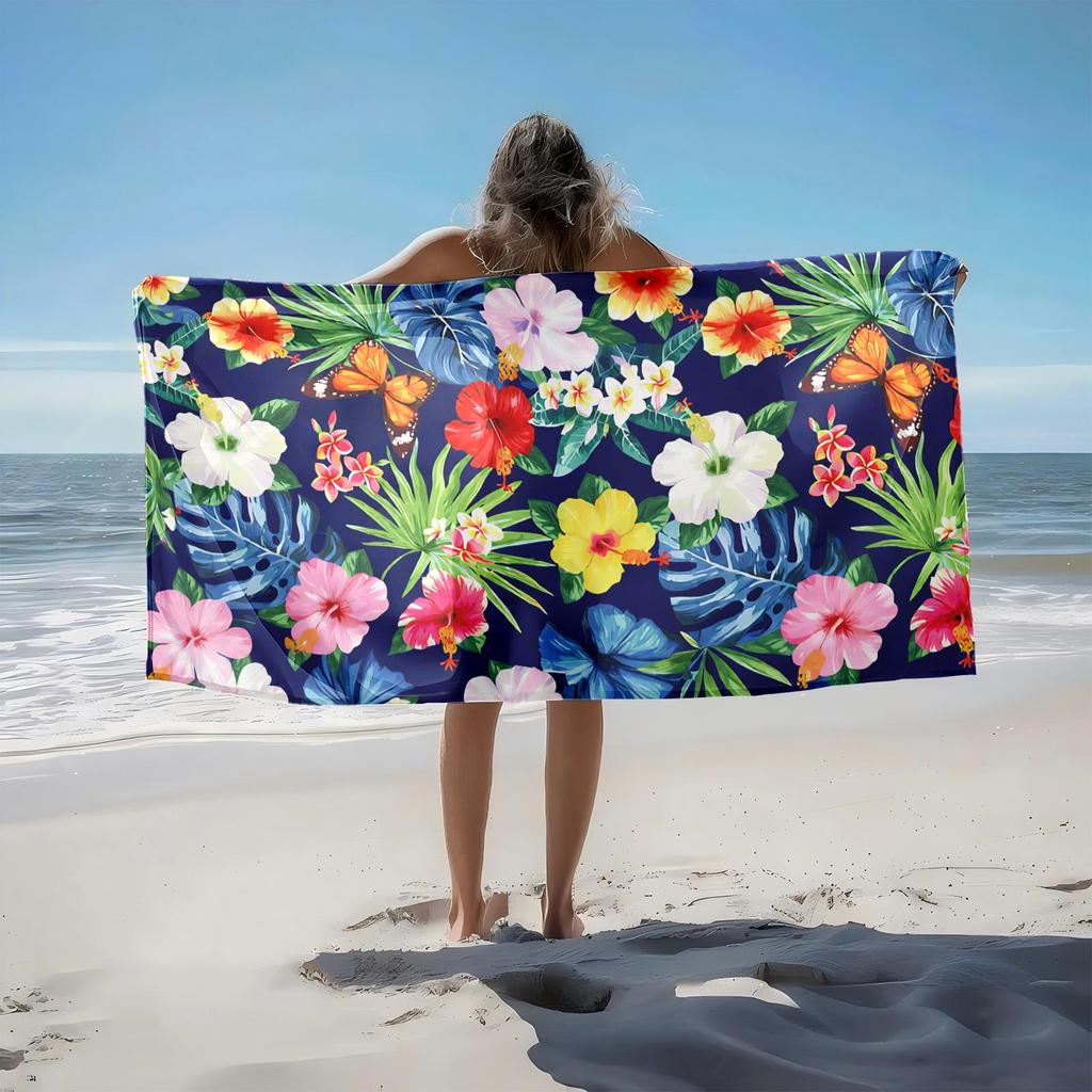 1pc Tropical Floral Paradise with Butterflies 2D Printed Microfiber Beach Towel, quick dry super absorbent. Great for beach