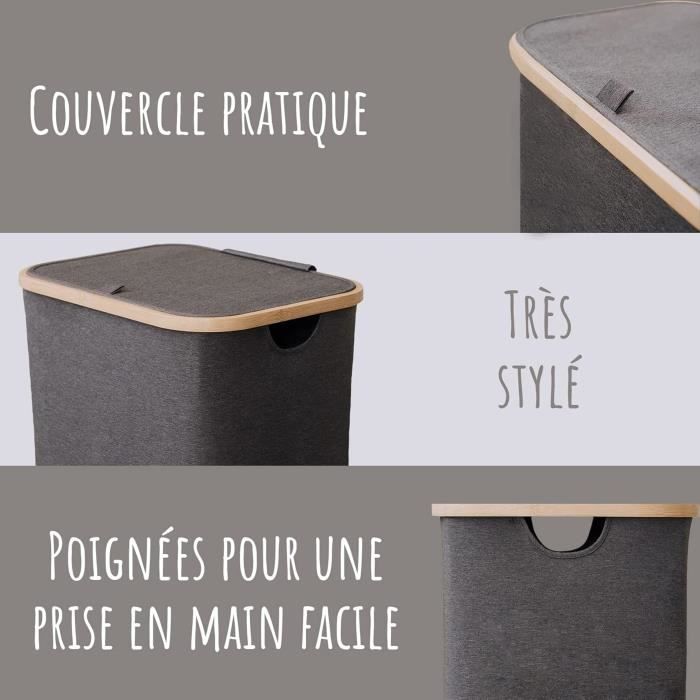 Lonbet - panier à linge en bambou xl 100l avec couvercle gris