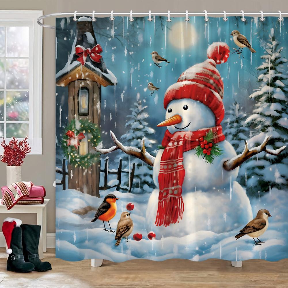 Winter Christmas Shower Curtain Red Truck Snowman Reindeer Snowy Farmhouse Bath Curtain Washable Polyester Fabric Bathroom Decor